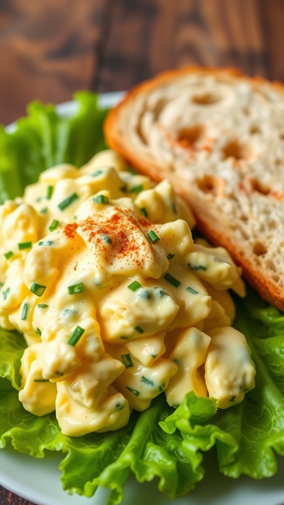 A plate of creamy egg salad with lettuce, garnished with chives and paprika, alongside a slice of toasted bread.